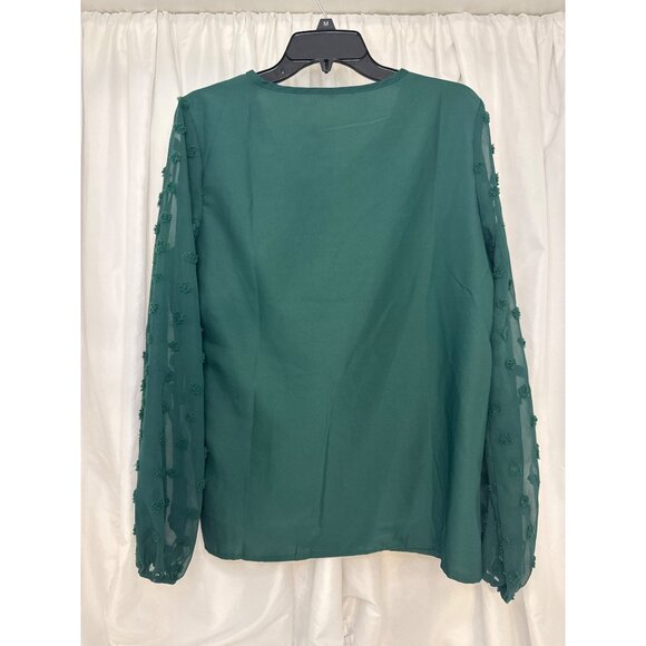 Shein Dark Green Sheer Swiss Dot Long Sleeve Blouse With V-Neckline - Picture 4 of 4